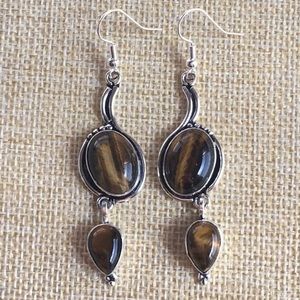 New Tiger’s Eye Gemstone Crystal Dangle Hook Silver Earrings